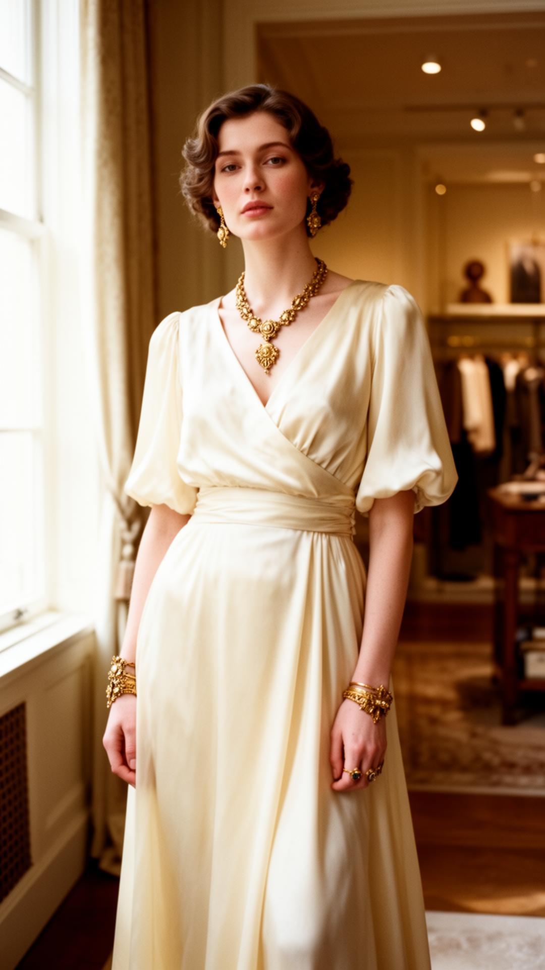 Model in ivory silk dress